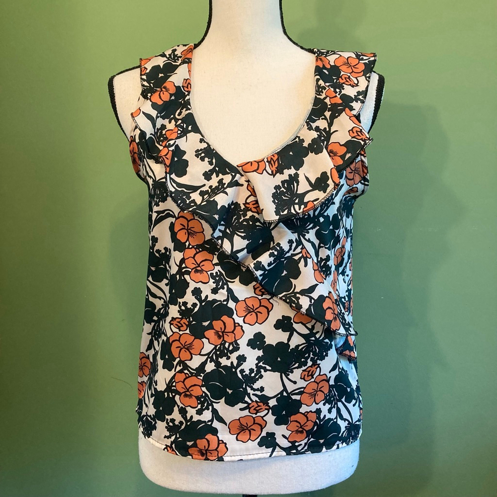 ❤️ 2 for $10 ❤️ Women's Andrea Morando Floral Ruffle Top Orange/White Size M